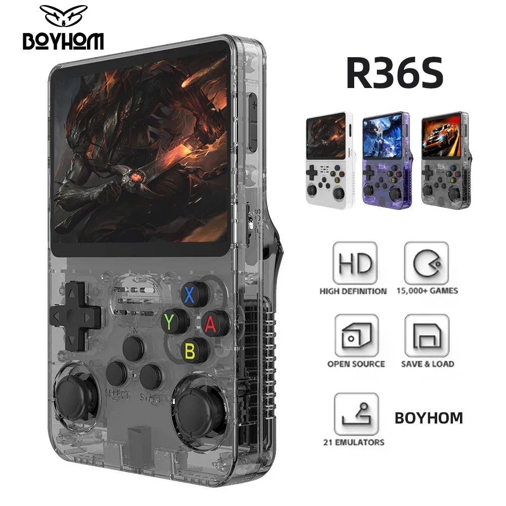 BOYHOM 레트로 핸드헬드 비디오 게임 콘솔, 리눅스 시스템, 3.5 인치 IPS 스크린, R35s 프로 휴대용 포켓 비디오 플레이어, 64GB 게임, R36S