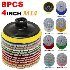 8개 4인치 100mm 다이아몬드 연마 패드 세트 키트 습식 및 건식 사용 대리석 콘크리트 마블 미세결정 유리 연마 디스크 세트