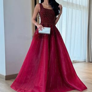 customized반짝이는 스팽글 크리스탈 레이스 업 백 스윕 트레인 파티 드레와 맞춤형 A 라인 Organza 스퀘어 칼라 이브닝 드레스