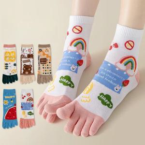 Kawaii 귀여운 여성 5 발가락 양말 부드러운 코튼 중반 송아지 요가 스포츠를위한 별도의 발가락 봄 여름 미끄럼 방지 통기성 애니메이션 양말