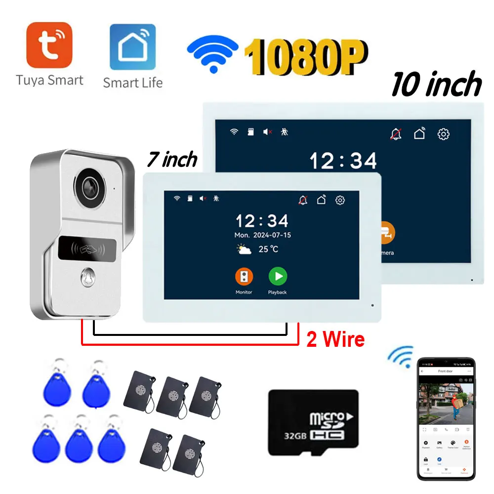 7/10 인치 Wifi 2 와이어 인터콤 도어 벨 비디오 인터콤 시스템 홈 도어 폰 WiFi Tuya 스마트 라이프 APP 1080P 터치 모니터