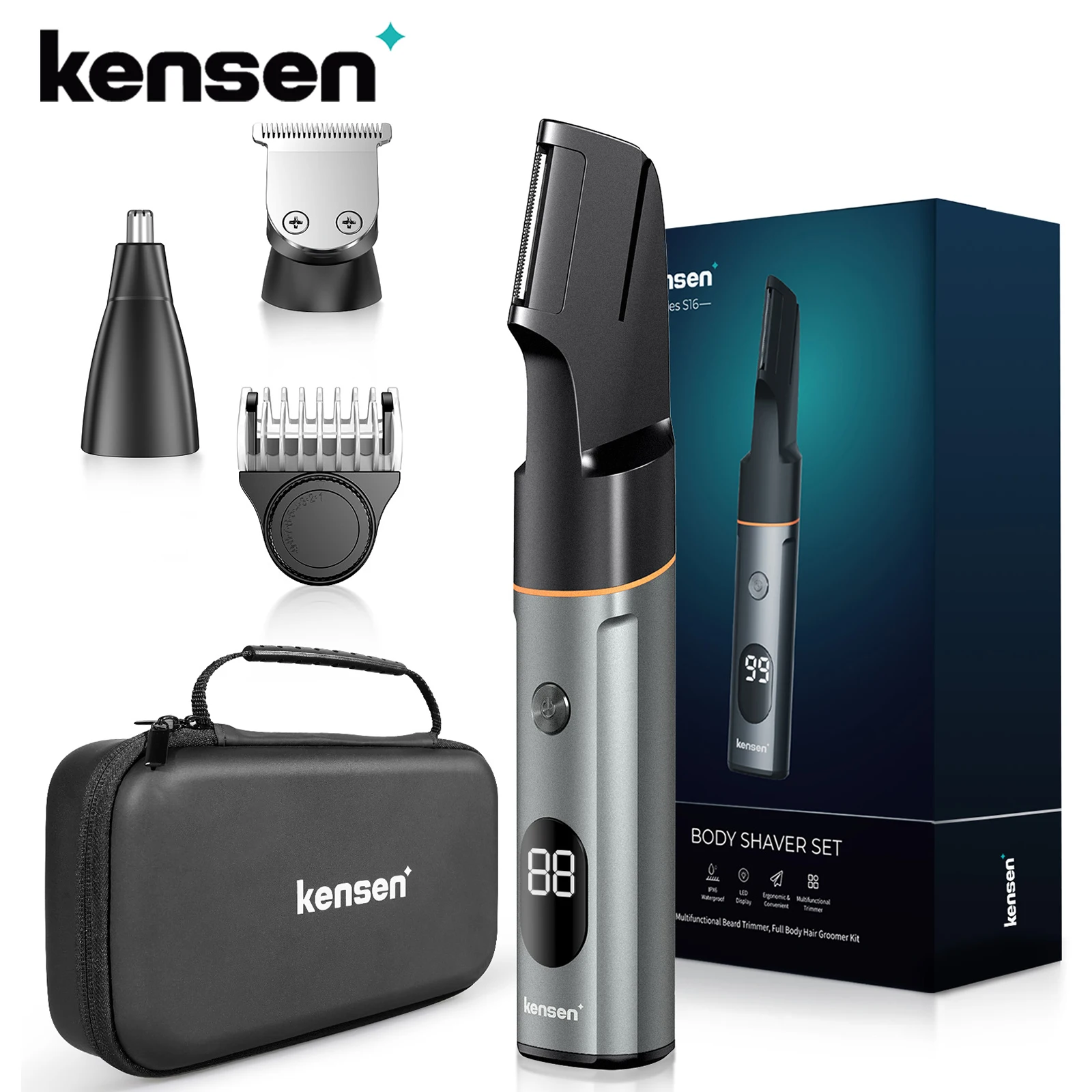 Kensen 3 in 1 바디 헤어 트리머 키트 남성용 음모 면도기 코 수염 트리머 IPX6 방수 전기 면도기 헤어 클리퍼