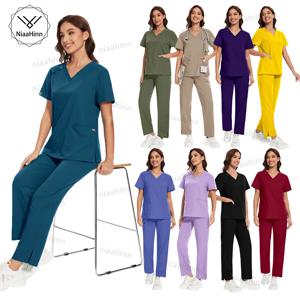 Niaahinn Workwear 스트레치 스크럽 유니폼 세트 간호사 스크럽 유니폼 여성 의료 스크럽 v 넥 반팔 스트레이트 바지 세트
