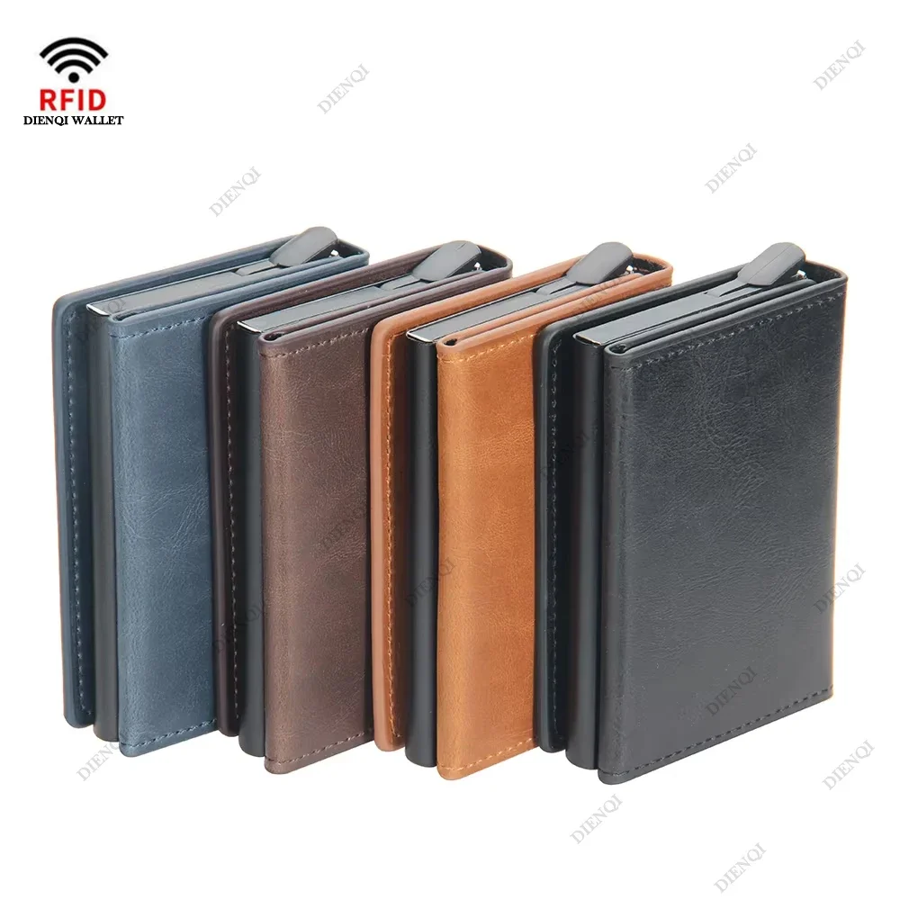 마그네틱 RFID 차단 신용 카드 소지자 남자 지갑 도난 방지 알루미늄 금속 Pu 가죽 작은 팝업 지갑 카드 소지자 케이스