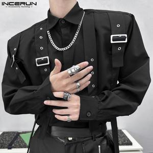 INCERUN Men Shirts Summer Spring Tops Solid Color Lace-Up Long Sleeve Men's Clothing Oversized Casual Shirt Male Streetwear