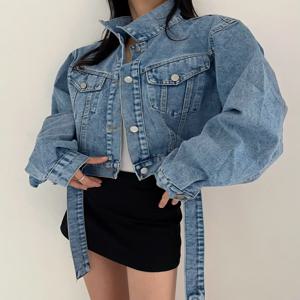 2 색 여성 캐주얼 진 코트 2025 봄 여성 데님 재킷 긴 소매 자른 여성 소녀 streetwear(N2418)