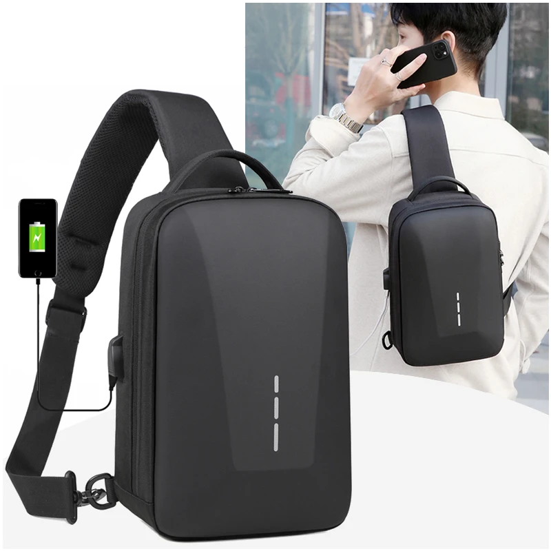 USB 충전 포트가있는 도난 방지 조합 잠금 가슴 팩 패션 비즈니스 남성용 크로스 바디 백 여행용 수납 숄더 백