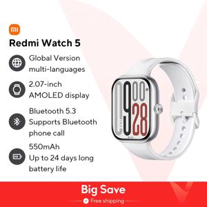 샤오미 레드미 워치 5 글로벌 버전, 2.07 인치 60Hz AMOLED 스크린 내장 GNSS 블루투스 통화 150 + 스포츠 모드, 24 일 배터리 수명