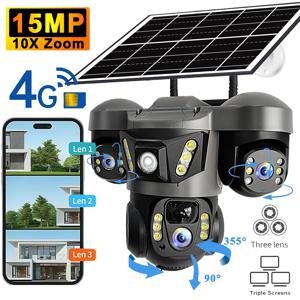 V380 Pro 15MP 태양광 카메라 3렌즈 오디오 야외 IP66 방수 내장 배터리 보안 CCTV HD 4G SIM 카드 네트워크 카메라