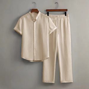 남성용 두 조각 캐주얼 복장 Loungewear 솔리드 컬러 질감 짧은 소매 버튼 다운 셔츠와 긴 드로우 스트링 바지