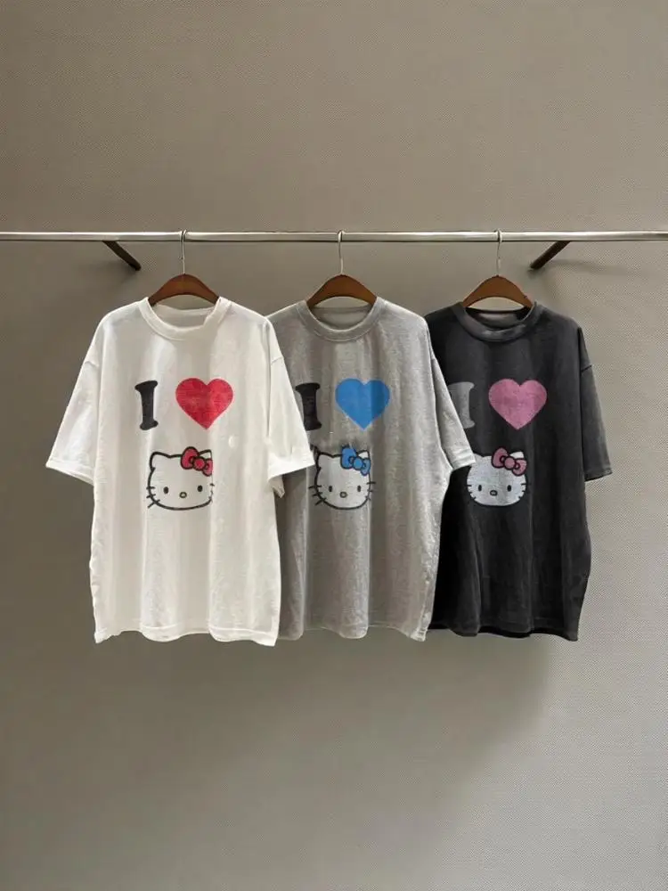레트로 빈티지 한국 슬레 플러스 사이즈 라운드넥 오버헤드 반팔 티셔츠 카 고양이 프린트 루즈핏 여성 출퇴근 패션 티