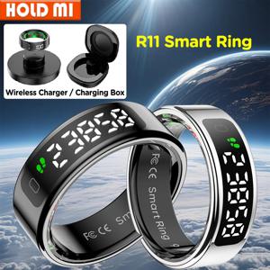 R11 스마트 링 남성 여성 디스플레이 화면 무선 또는 충전 박스, 건강 수면 모니터 5 ATM 방수 for iphone Android