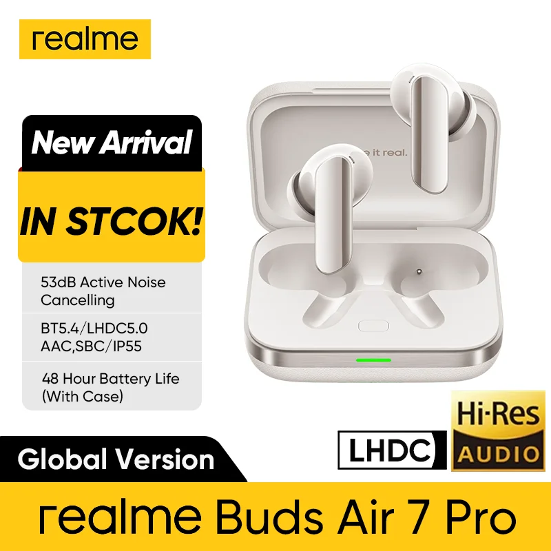 글로벌 버전 realme Buds Air 7 Pro 53dB 능동형 소음 차단 진정한 무선 이어폰 48시간 배터리 Bluetooth 5.4 헤드폰