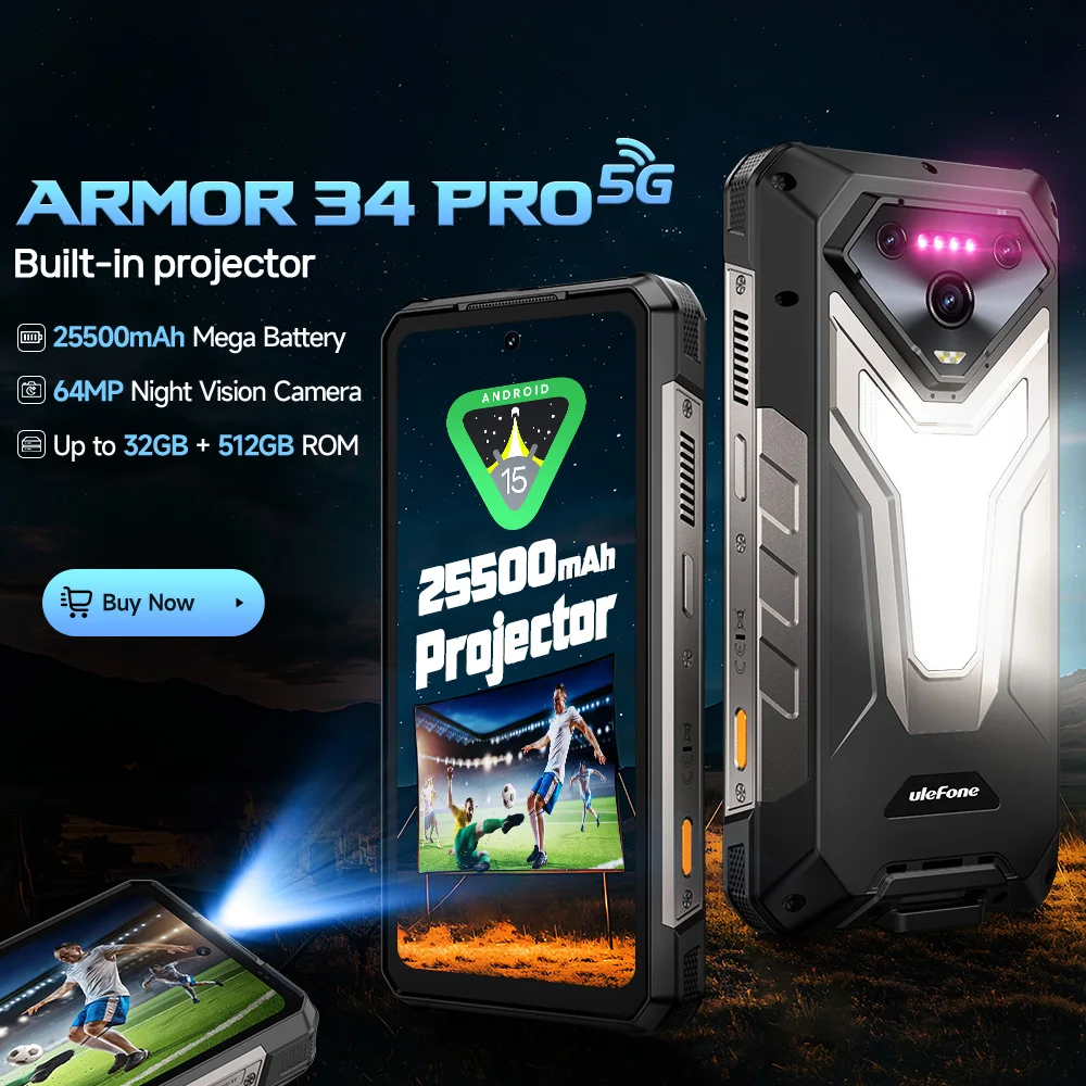 【세계 최초 공개】Ulefone Armor 34 Pro 5G AI 러기드 폰 25500mAh 최대 32GB+512GB 내장 프로젝터 120Hz 6.95인치 NFC 스마트폰 LED 조명 IP69K 64MP 나이트 비전 휴대폰