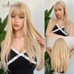 EASIHAIR 금발 황금 긴 직선 합성 가발과 Bangs 베이지 로리타 머리카락 가발 여성용 일일 파티 내열성 섬유