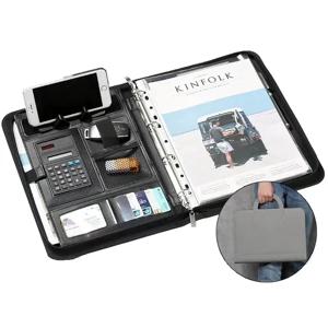 A4 휴대용 파일 폴더 계산기 바인더 주최자 관리자 사무실 문서 패드 서류 가방 PU 가죽 Padfolio 가방 사용자 정의