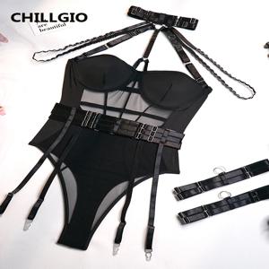 CHILLGIO 여성용 섹시한 메쉬 홀터 바디수트 란제리 패션, 쉬어 타이트 캣수트, 잠옷 백리스 원피스 콤비네이션 롬퍼