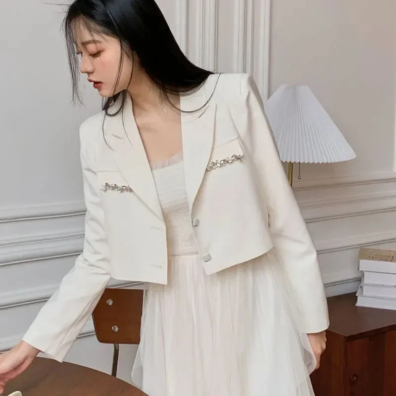 Lucyever 패션 크리스탈 장식 여성 정장 코트, 한국 와일드 노치 칼라 크롭 블레이저, 여성 캐주얼 싱글 브레스트 재킷