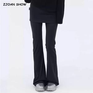 2024 아메리칸 레트로 거짓 2 조각 플레어 바지 여성 로우 허리 스트레치 슬림 스키니 바지 레깅스 하단 블랙