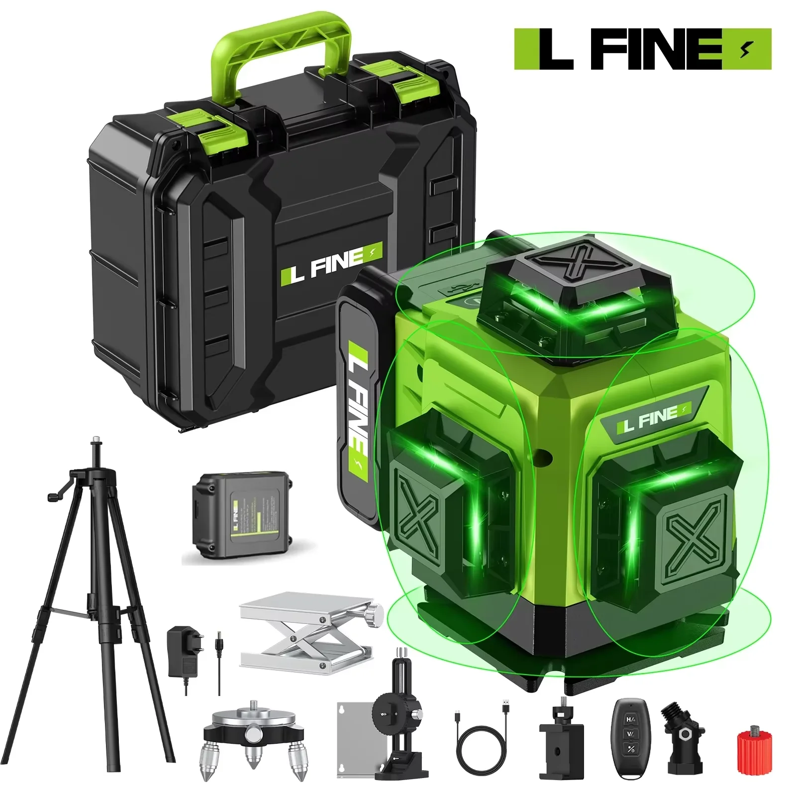 Lfine 4D 셀프 레벨링 레이저 레벨, 삼각대 및 여행 가방 포함, 수평 및 수직 전문 레이저 레벨 도구, 16 라인, 360 °