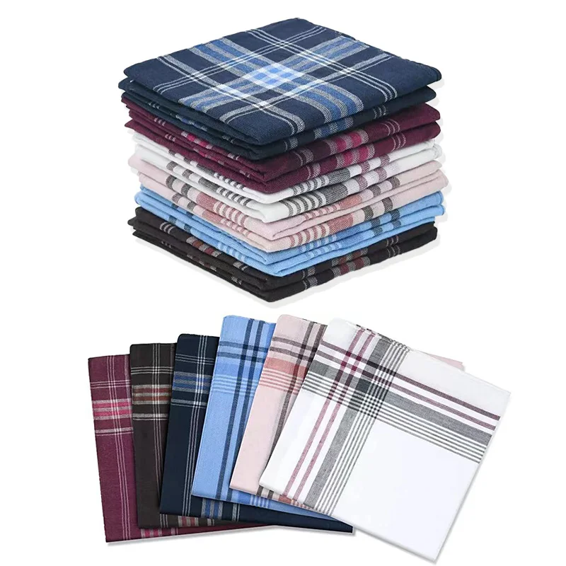 12Pcs 클래식 스퀘어 격자 무늬 스트라이프 남자 손수건 포켓 코튼 타올 웨딩 파티 비즈니스 캐주얼 손수건 가슴 스카프
