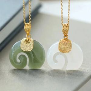 부티크 천연석 Hetian Jade 코끼리 펜던트 18K 골드 도금 체인 목걸이 초커 쥬얼리 여성 생일 기념일