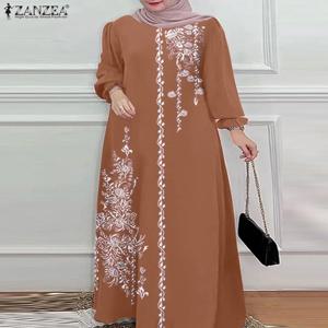 ZANZEA 여성 빈티지 긴 소매 Abaya 꽃 프린트 이슬람 맥시 드레스 패션 Sundress 가운 Femme Marocain 두바이 터키 Vestido