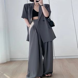 반팔 와이드 레그 팬츠 블레이저 세트 투피스 세트, 비즈니스 캐주얼 여성 의류, 여름 신상 패션, 2024