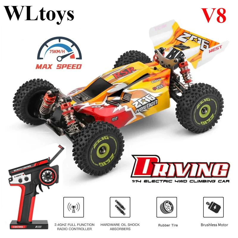 WLtoys 어린이 및 성인용 레이싱 RC 자동차, 4WD 고속 오프로드 드리프트 RC 장난감 선물, 144010-V8 2.4G, 70 km/h 브러시리스 모터