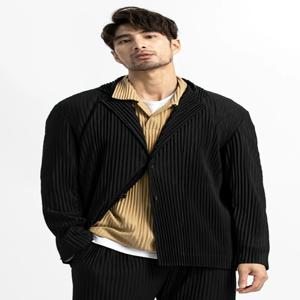 Miyake 남성용 플리츠 블레이저 블랙 슈트, 하이 퀄리티 캐주얼 일본 스타일 블레이저, 스트레치 원단 슬림핏 코트