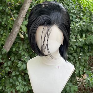 # 1 제트 블랙 짧은 밥 컷 합성 레이스 프론트 가발 여성용 코스프레 가발 남성용 자연 헤어 라인 Glueless 13x4 레이스 프론트 가발