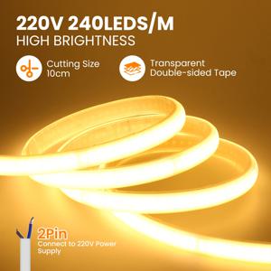 IP65 COB 자체 접착 테이프 LED 네온 스트립 AC 230V RA90 방수 야외 정원 FOB 리본 램프 2Pin 와이어/EU 전원 플러그