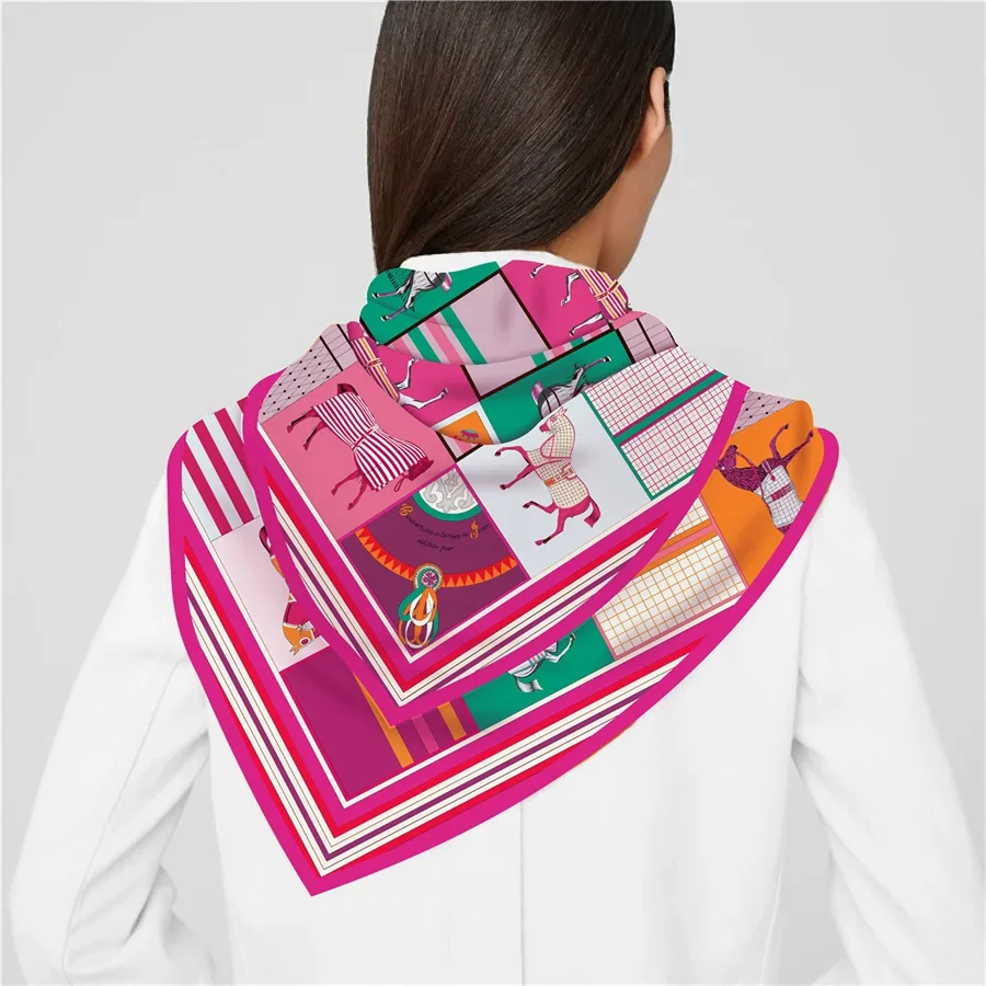 90x90cm 새로운 디자인 말 우주 인쇄 능 직물 실크 스카프 스퀘어 스카프 레이디 랩 스카프 여성 목 목도리 랩