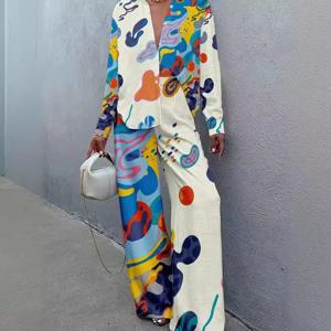 여성용 싱글 브레스트 옷깃 반소매 탑 및 와이드 레그 바지 세트, 프린트 셔츠 바지 정장, 의상, 2 Pcs 세트