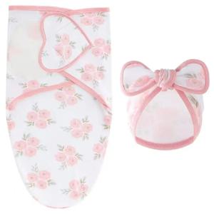 아기 담요 모자 세트 만화 인쇄 면화 신생아 Swaddle 조정 가능한 유아 잠자는 Swaddle 랩 올 시즌 0-6 개월