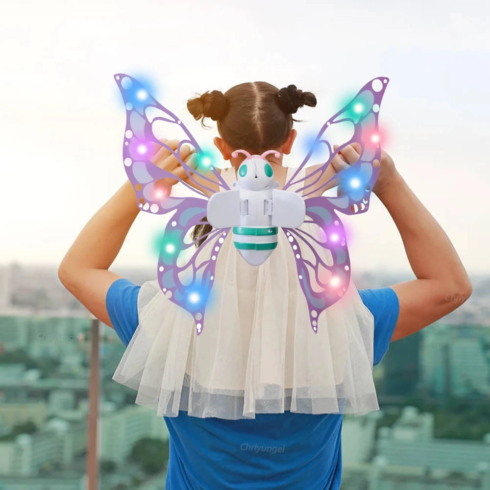 전기 나비 날개 움직이는 요정 날개, 조명이 있는 요정 날개, 어린이 생일 크리스마스 코스프레 드레스업 천사 소녀 장난감