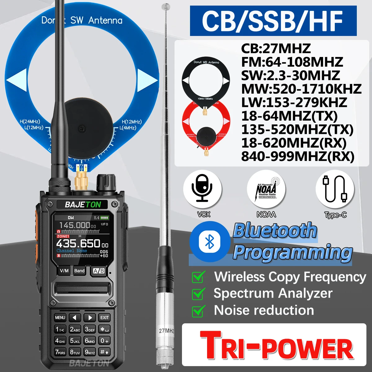 바제톤 BJ-7800 무전기 장거리 SW MW LW AM SSB CB 10W 수신 무선 블루투스 전화 프로그래밍 NOAA 양방향 라디오