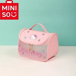 MINISO 헬로 키티 휴대용 메이크업 가방 귀여운 대용량 여행 화장실 소녀를위한 투명한 보관 가방