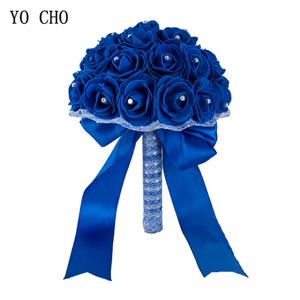 YO CHO 신부 웨딩 부케 인공 PE 장미 꽃 가짜 진주 꽃다발 블루 신부 들러리 결혼 웨딩 용품 장식