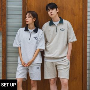 [SET] FELICITY 반집업 배색 카라 반팔 맨투맨 밴드 반바지 셋업