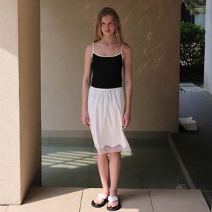 LACE-TRIM SATIN MIDI SKIRT - WHITE