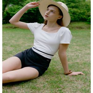 JASR5E107IV 랩스커트포함 아이보리 배색 반팔 투피스 수영복
