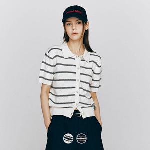 355527 여 12gg 부클 폴로넥 스트라이프 반팔 가디건