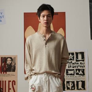 [최초가 89,000원] [COLLECTION LINE] 린넨 블렌디드 빈티지 가먼트 헨리넥 니트 아이보리