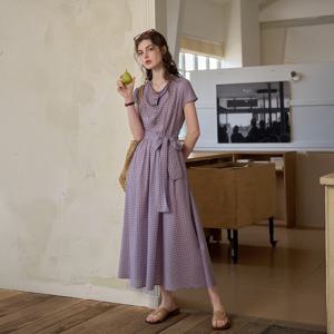 8/7일 예약배송_SR_Check swing neck tencel dress