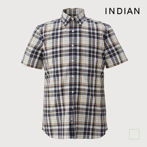 INDIAN  린넨블랜드 미디움체크 반팔셔츠_MIUNSYM3261