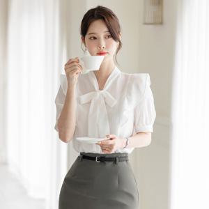 아렐로 리본넥 러플라인 시어서커 블라우스 빅사이즈/오피스룩/하객룩