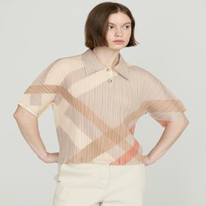 닥스 여성 DLTS5BP35I2 [D-PLEATS] 베이지 체크 플리츠 5부소매 카라티셔츠