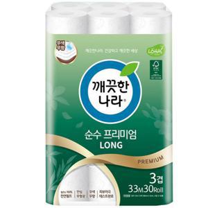 깨끗한나라 순수프리미엄 롱 3겹 33m 30롤 1팩 /화장지 /휴지/두루마리/롤