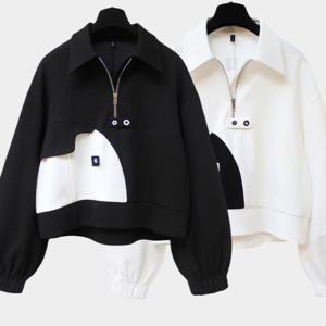 150kg까지 빅사이즈 여성 차이나넥 얇은 반집업 칼라 배색 단추 풀오버 맨투맨 가을 편한 3xl 4xl 패션 루